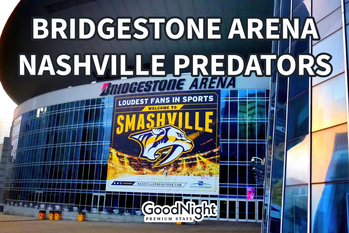 An exciting street-level view of Bridgestone Arena’s prominent signage and Nashville Predators branding, surrounded by energetic crowds gathering for an event. The scene promises live music, sports, and the lively spirit of downtown Nashville.